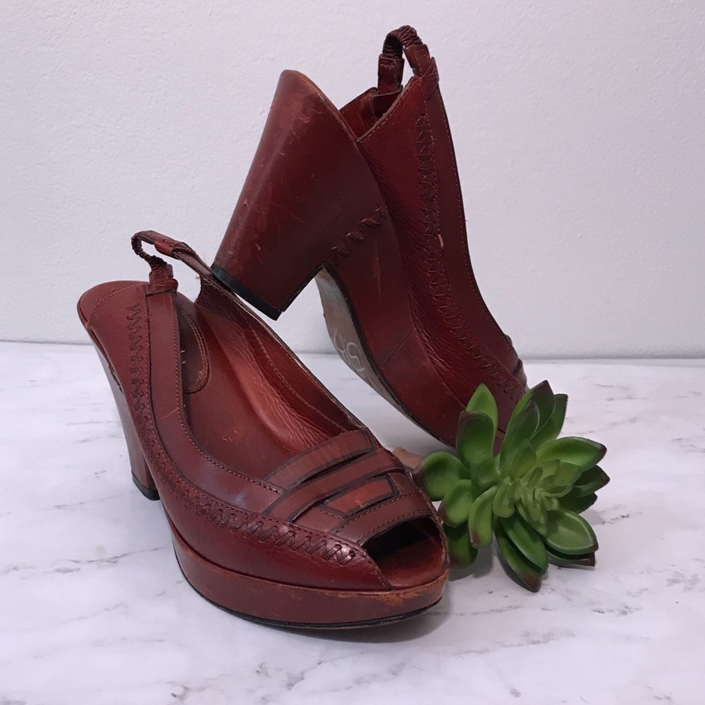 Frye Wedge Slingback Heels Brown Leather Size 8.5